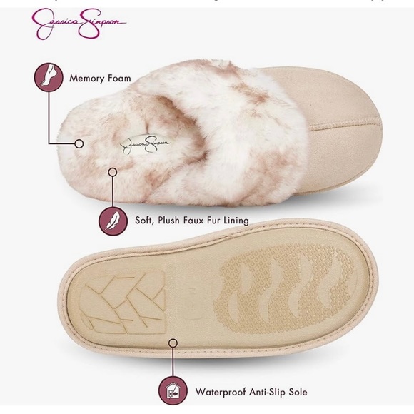 Jessica Simpson Slippers Fuzzy Plush Memory foam Beige Suede Size 6/7 NWT - Picture 2 of 5